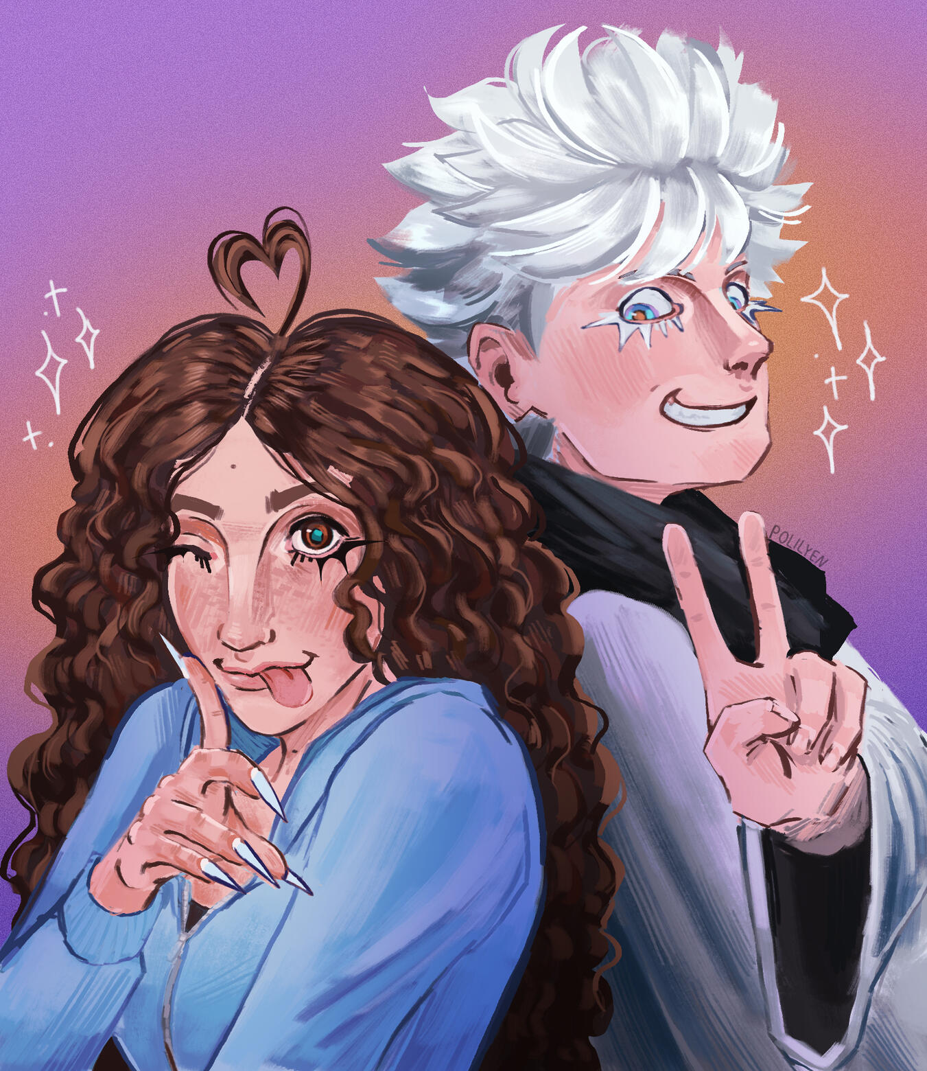 Commissioned portrait of client and Gojo Satoru for @YourFoxyMom (2025)