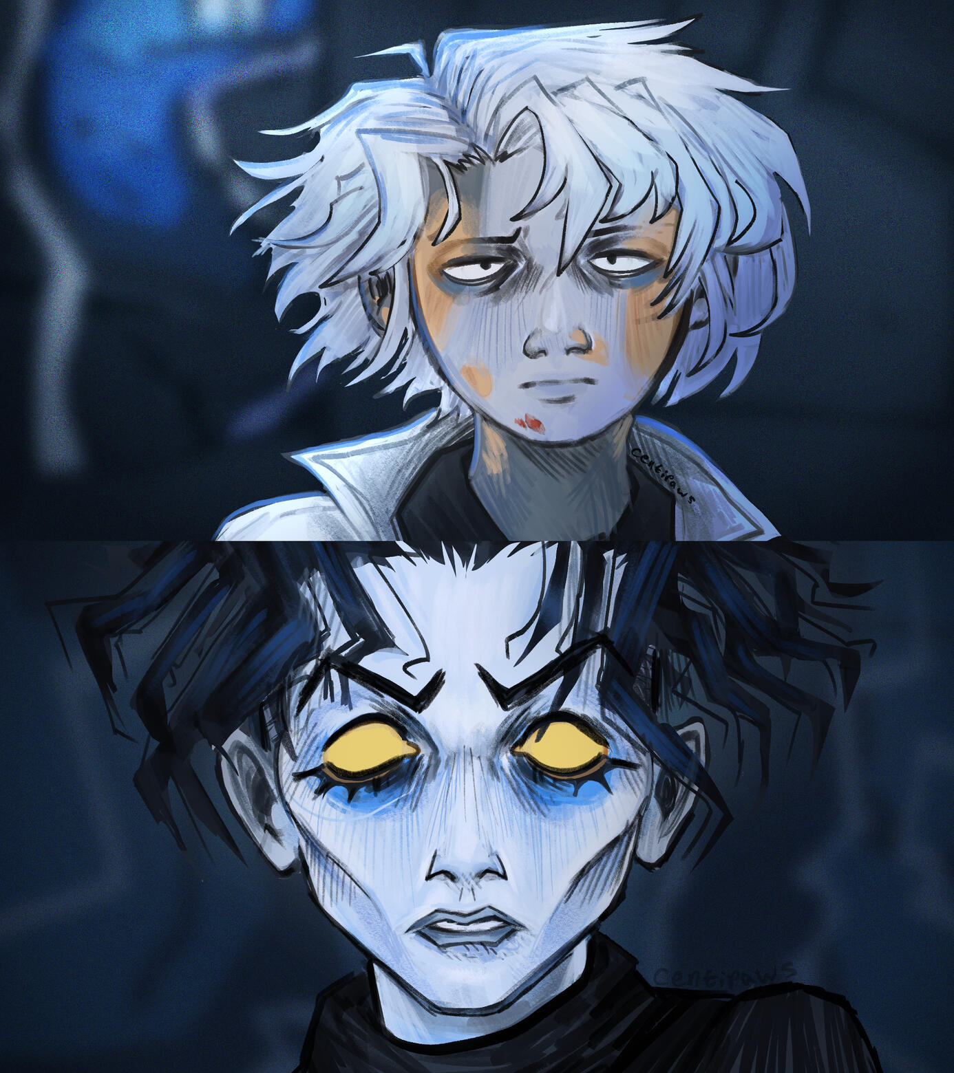 Screenshot redraws of YouTube animated short “BIGTOP BURGER: FACELESS” by Worthikids (2025)